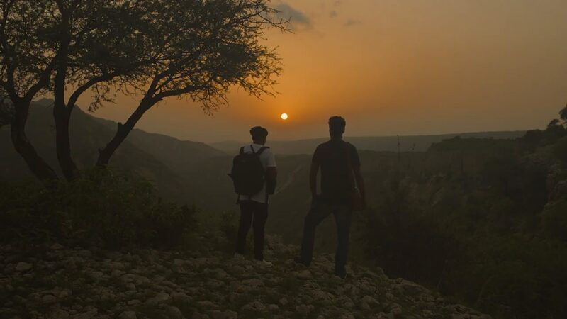 Two men silhouetted under a tree, looking at the sun setting over hills.